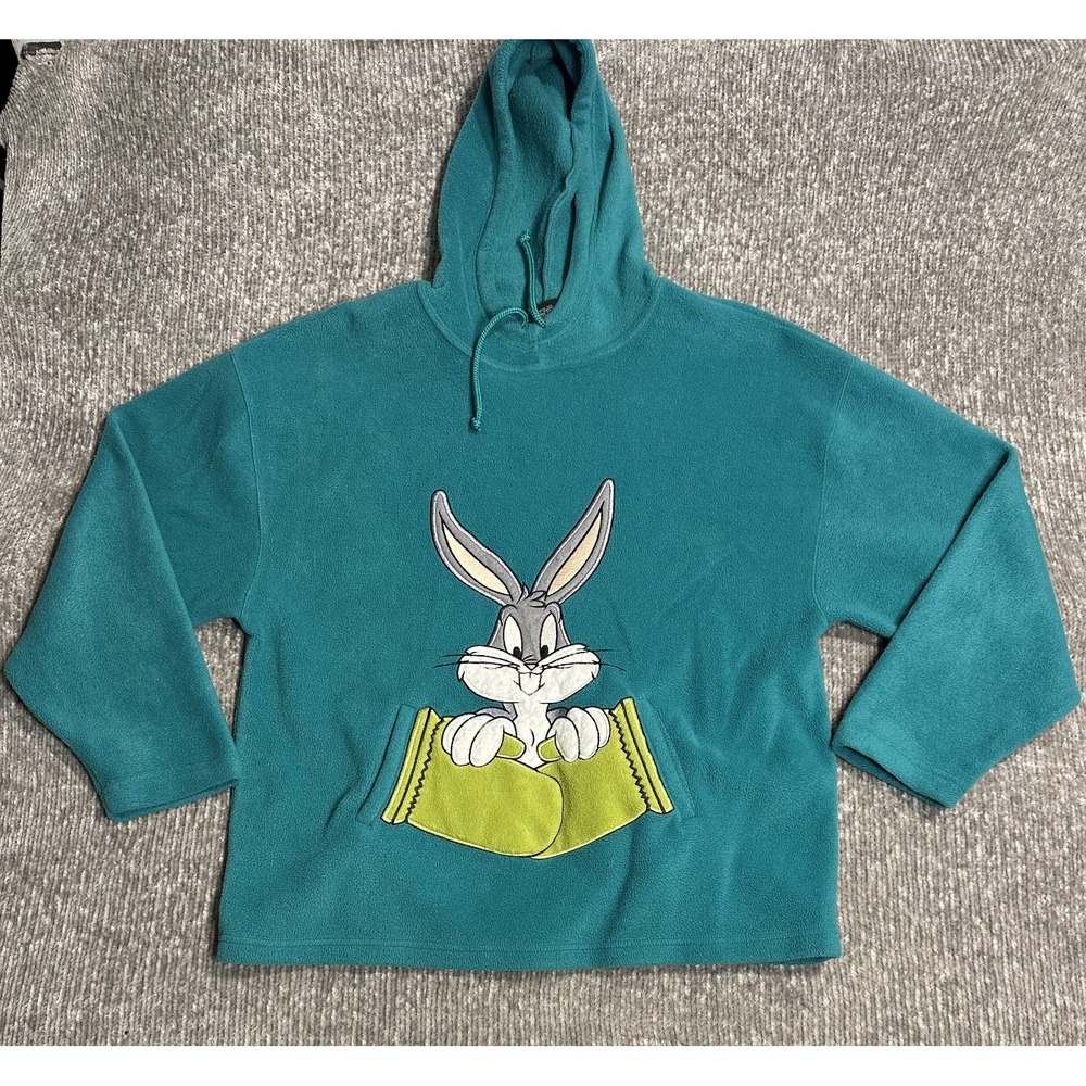 VINTAGE 90s Bugs Bunny Hoodie Womens L Blue Fleece Pullover Looney Tunes